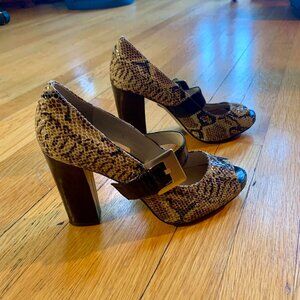 Michael Kors Women Pump Snake Skin Buckle Peep Toe | Tan/Brown | 7